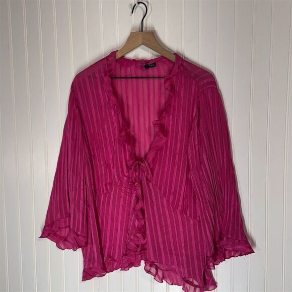 Fashion Bug Sheer Pink Ruffle Blouse 2X Whimsigoth Romantic Fairycore Tie Front - Picture 1 of 8